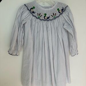 Girls White Polka Dot Smocked Dress with Duck Embroidery